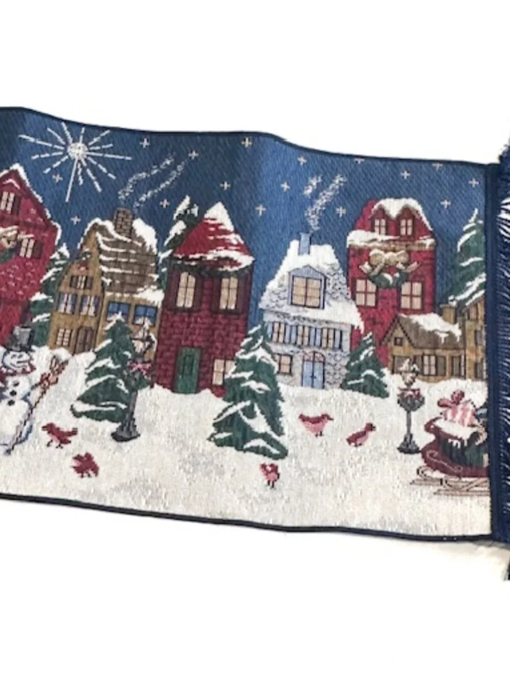 VTG Christmas Table Runner Tapestry Fringe Snowman Winter Village 31
